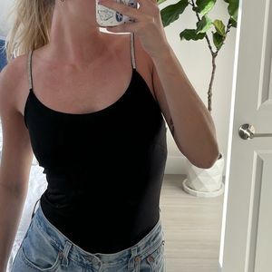 fashion nova small black tank top bodysuit with bedazzled straps